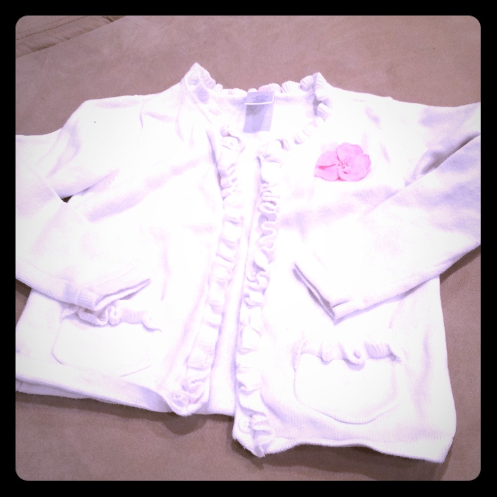 EUC white ruffle with pink flower detail cardigan!